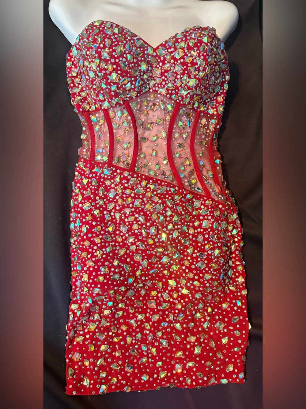 Jovani Red AB Crystal Embellished Illusion Corset Bodycon Mini Dress Sz 0